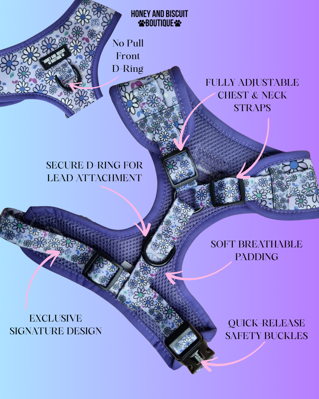 Adjustable Dog Harness Pups a Daisy Lilac