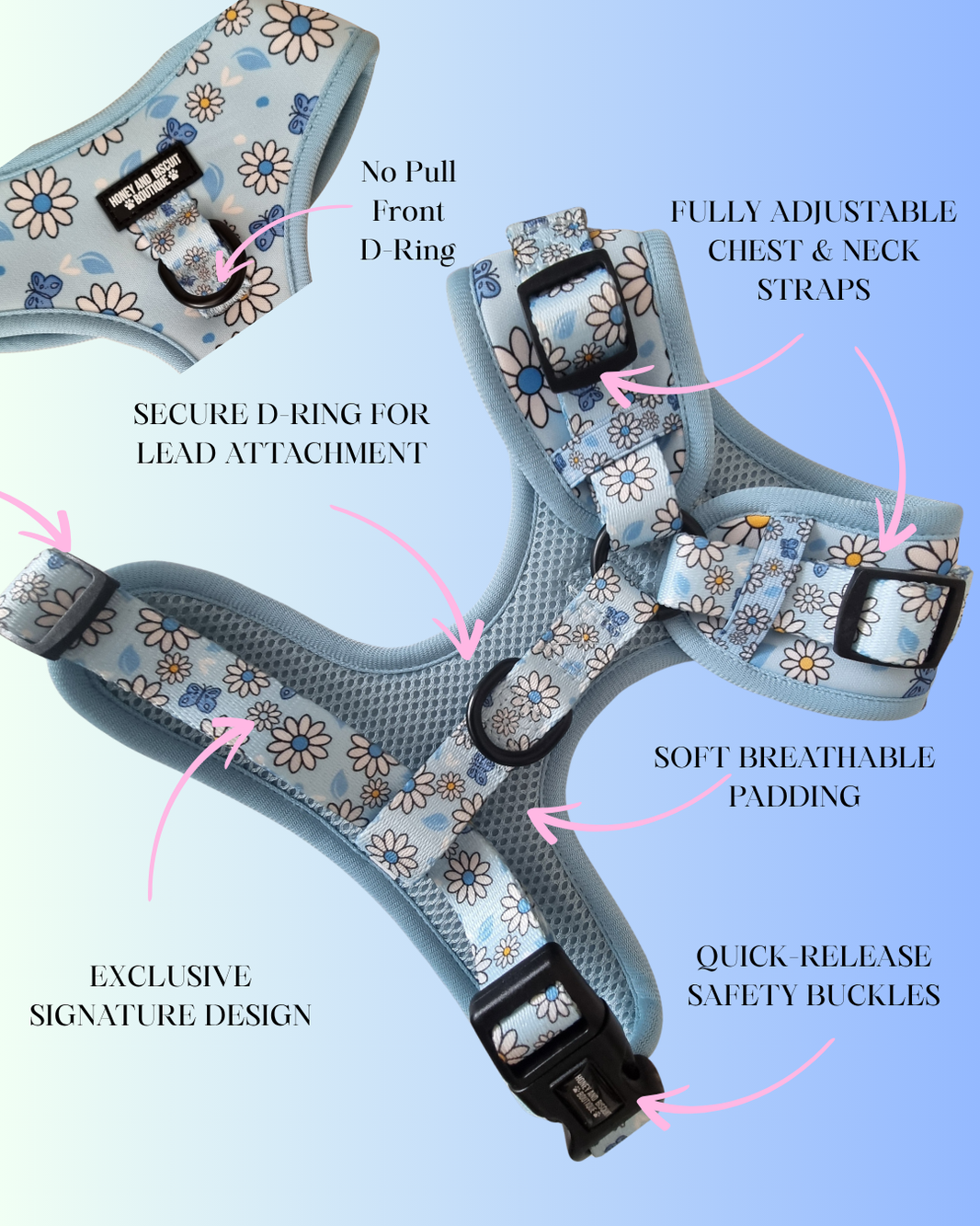 Adjustable Dog Harness Pups a Daisy Blue