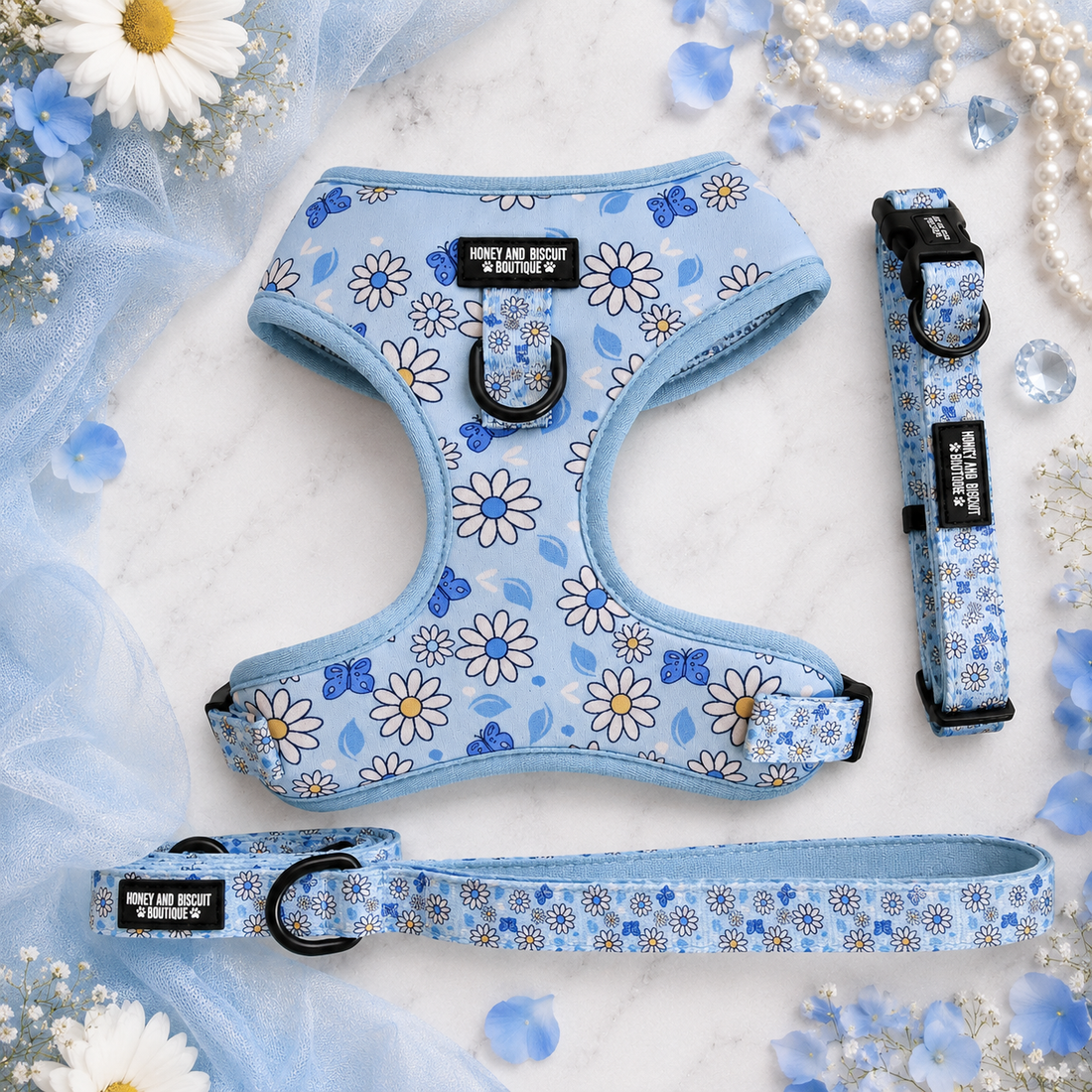 Pups A Daisy Blue – Harness, Lead & Collar Bundle for Small Dogs (3 Piece Set)
