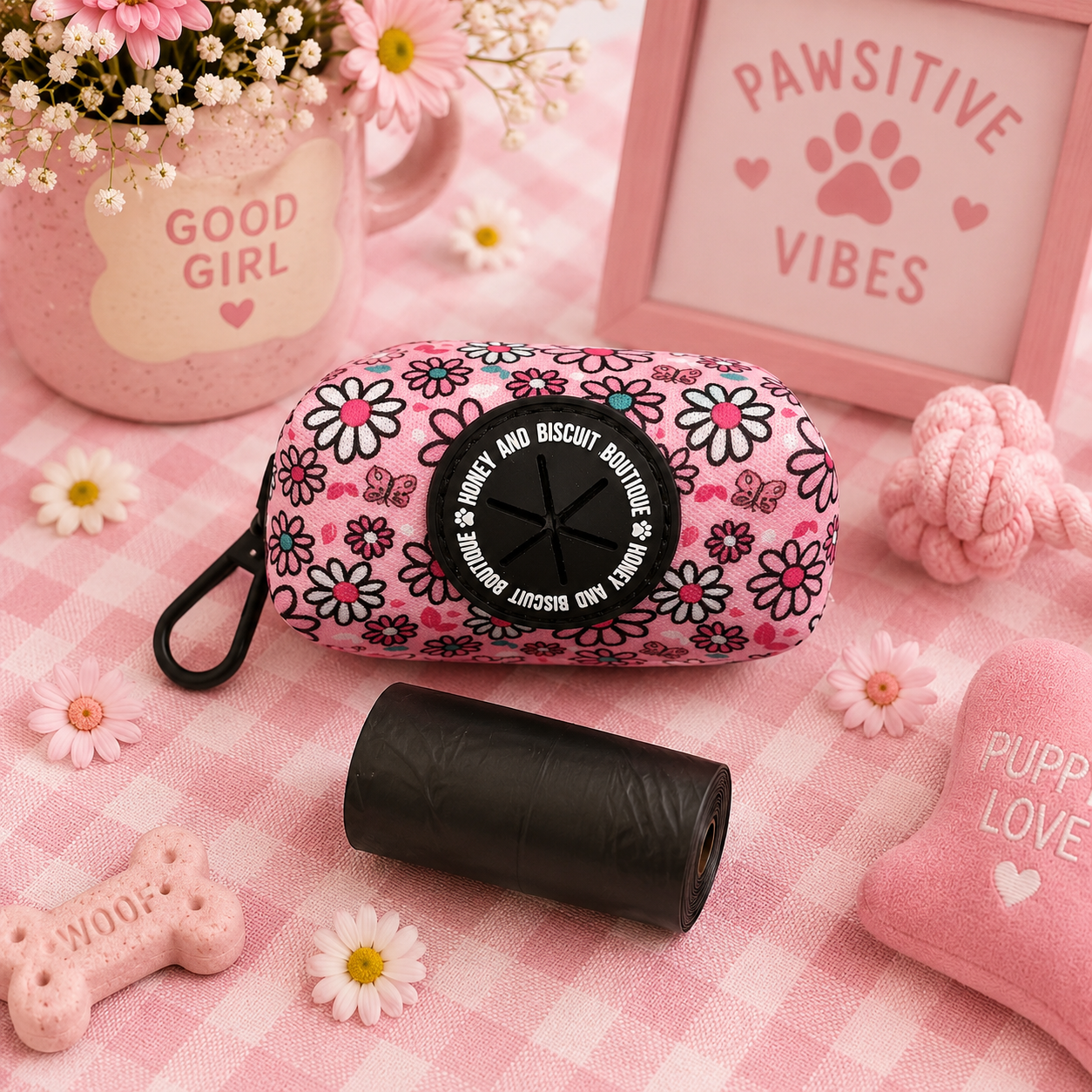 Dog Poop Bag & Holder - Pups A Daisy Pink