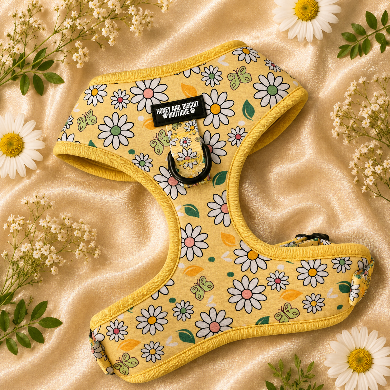 Pups A Daisy Yellow– Adjustable Floral Dog Harness for Small Dogs (No Pull)