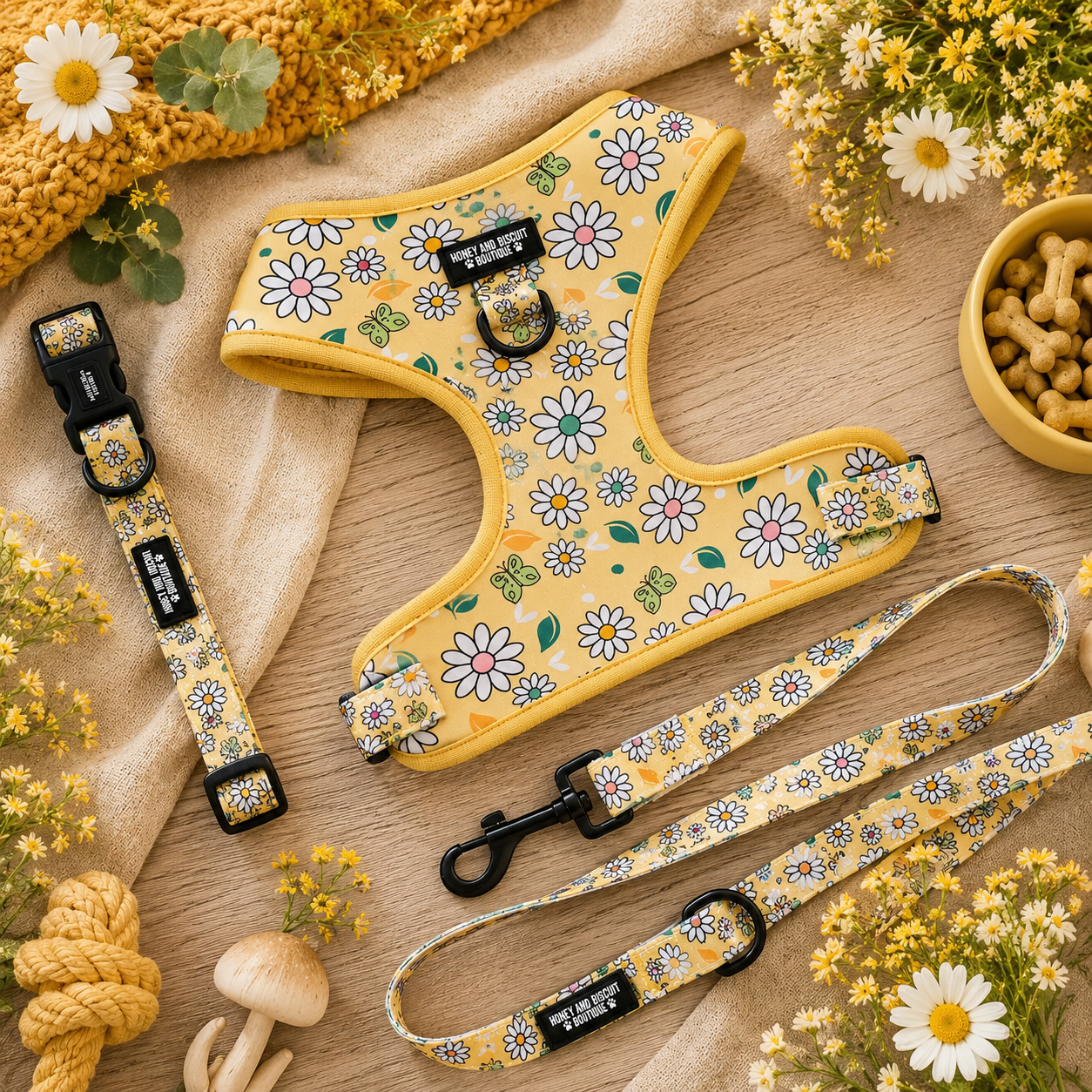 Pups A Daisy Yellow – Harness, Lead & Collar Bundle for Small Dogs (3 Piece Set)